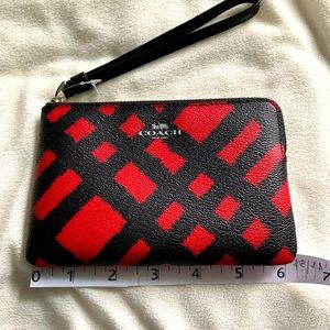 Coach black & red plaid corner zip wristlet